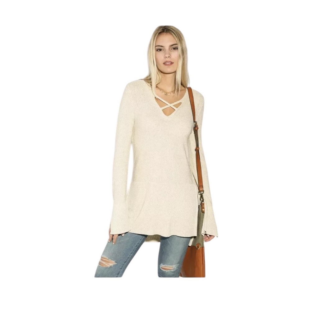 Free People Crisscross Front L/S High Low Tunic Sweater Rayon Blend Medium